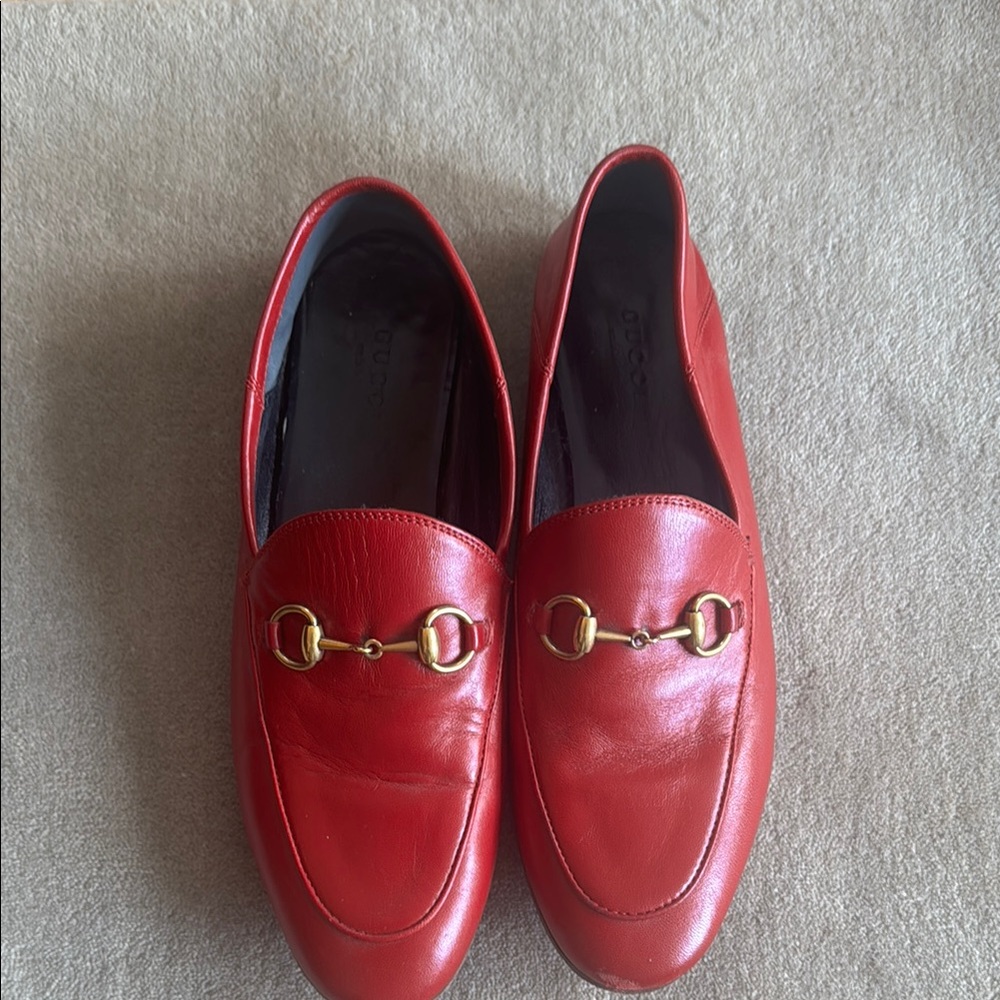 Gucci Red Leather Loafers with Gold Hardware